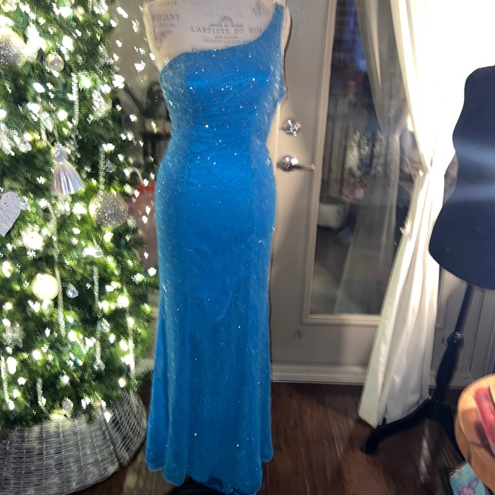 Alyce Designs turquoise blue beaded long gown one shoulder formal prom dress 4​​